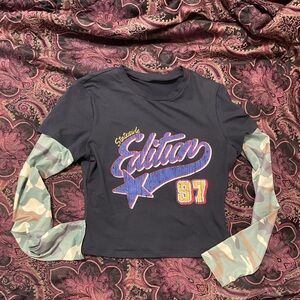 Classic Black Graphic Crop Top with Camouflage Sleeves